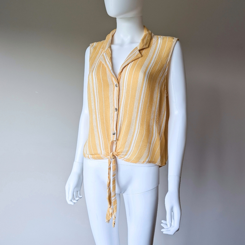 Patrons of Peace Crepe Yellow & White Stripe Tie Front Tank